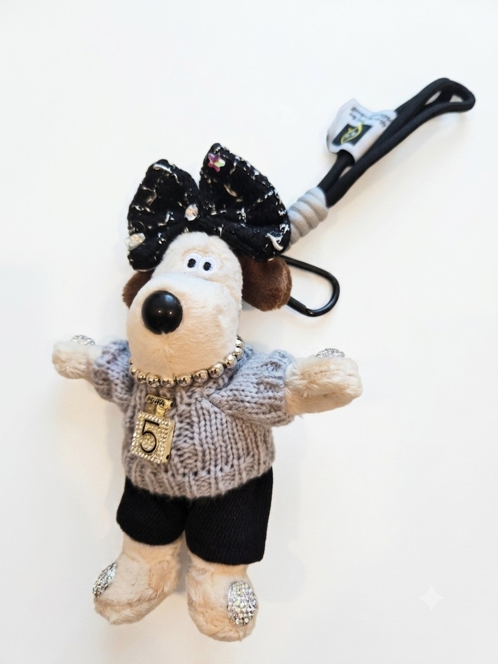 Plush Dog Bag Charm in Gray Sweater with Black Bow